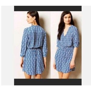 Anthropologie Maeve Blue Geo Print Galen Dress Size Small V-neck/Roll Tab Sleeve